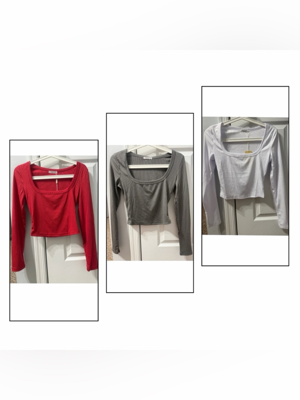 Ekouaer 3 Pk Red, Gray, And White Long-Sleeve Scoop Neck Crop Top Size S!